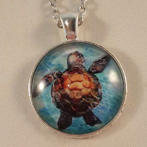 Silver Sea Turtle Cabochon Pendant Chain Necklace Gift